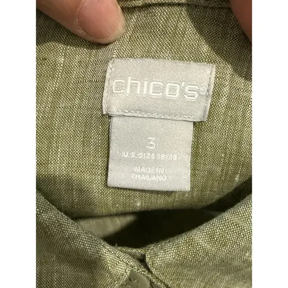 Chicos Fresh Chic Linen Shirt No Iron Women 3/XL Heathered Green Collared Button - Picture 9 of 11